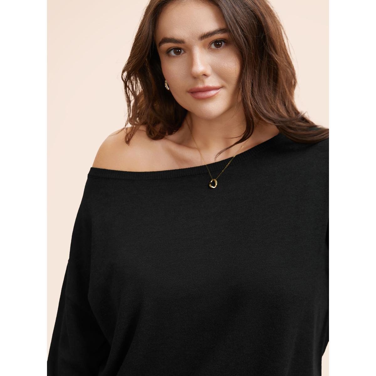 Plus Size Supersoft Essentials Boat Neck Drop Shoulder Pullover Black Women Elegant Long Sleeve Boat Neck Everyday Pullovers BloomChic 22-24/3X Product Image