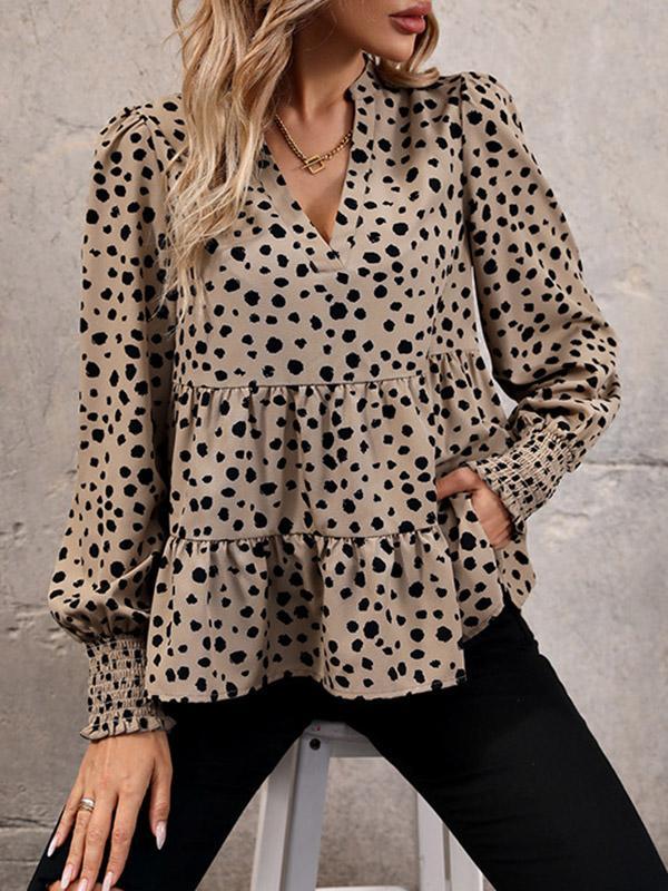 Long Sleeves Loose Elasticity Polka-Dot Split-Joint V-Neck Blouses&Shirts Tops Product Image