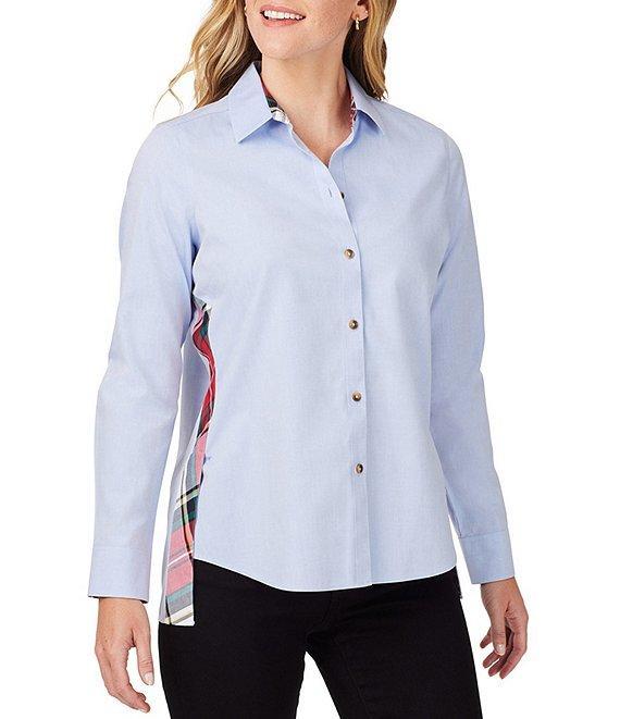 Foxcroft Bennet Long Sleeve Point Collar Side Bias Panel High-Low Hem Button Front Shirt Product Image