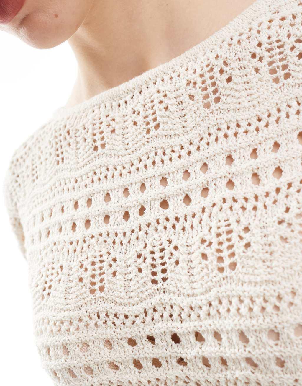 ASOS DESIGN crew neck mixed stitch sweater with scalloped hem in cream Product Image