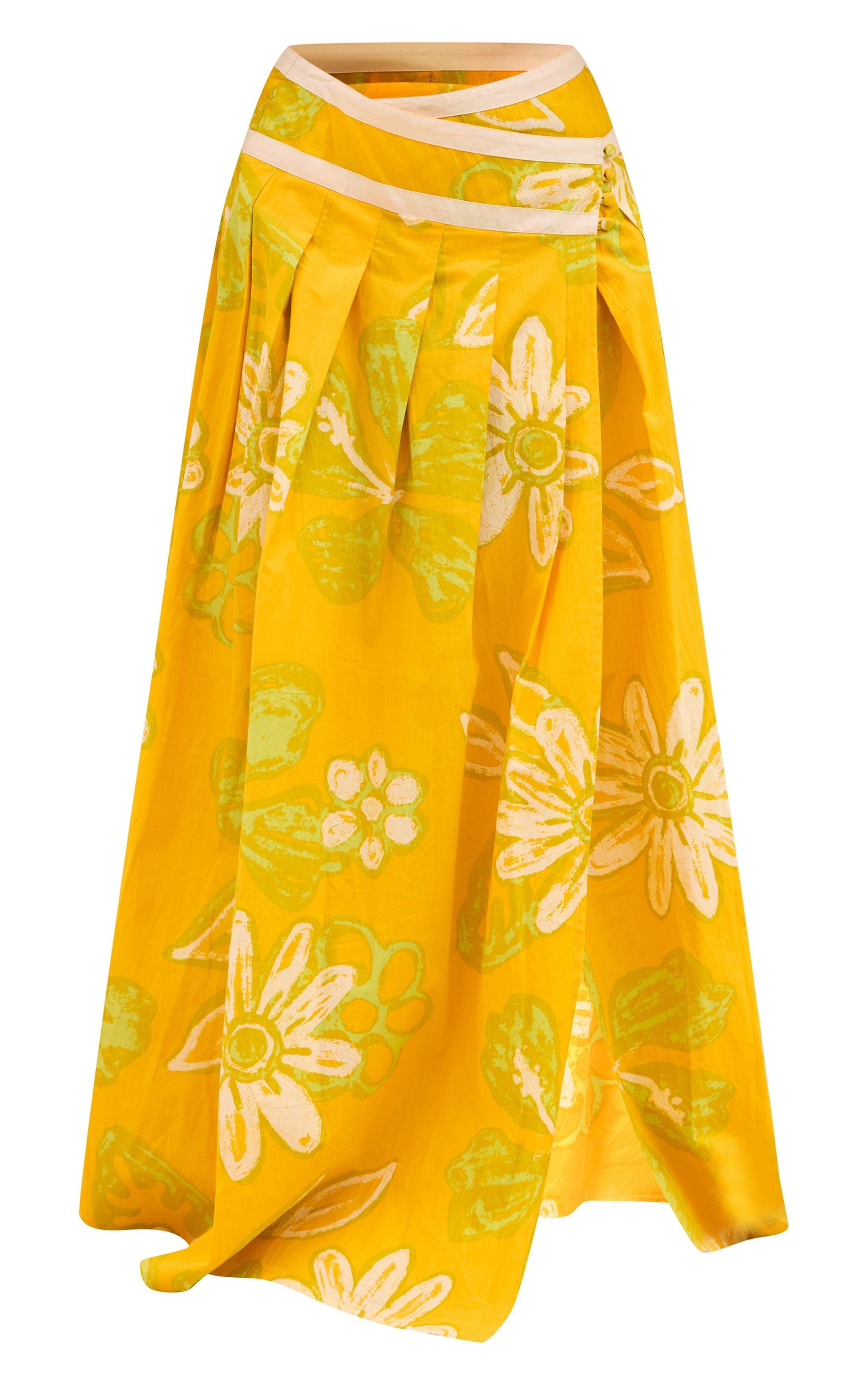 Yellow Floral Printed Asymmetric Waist Flared Maxi Skirt Product Image