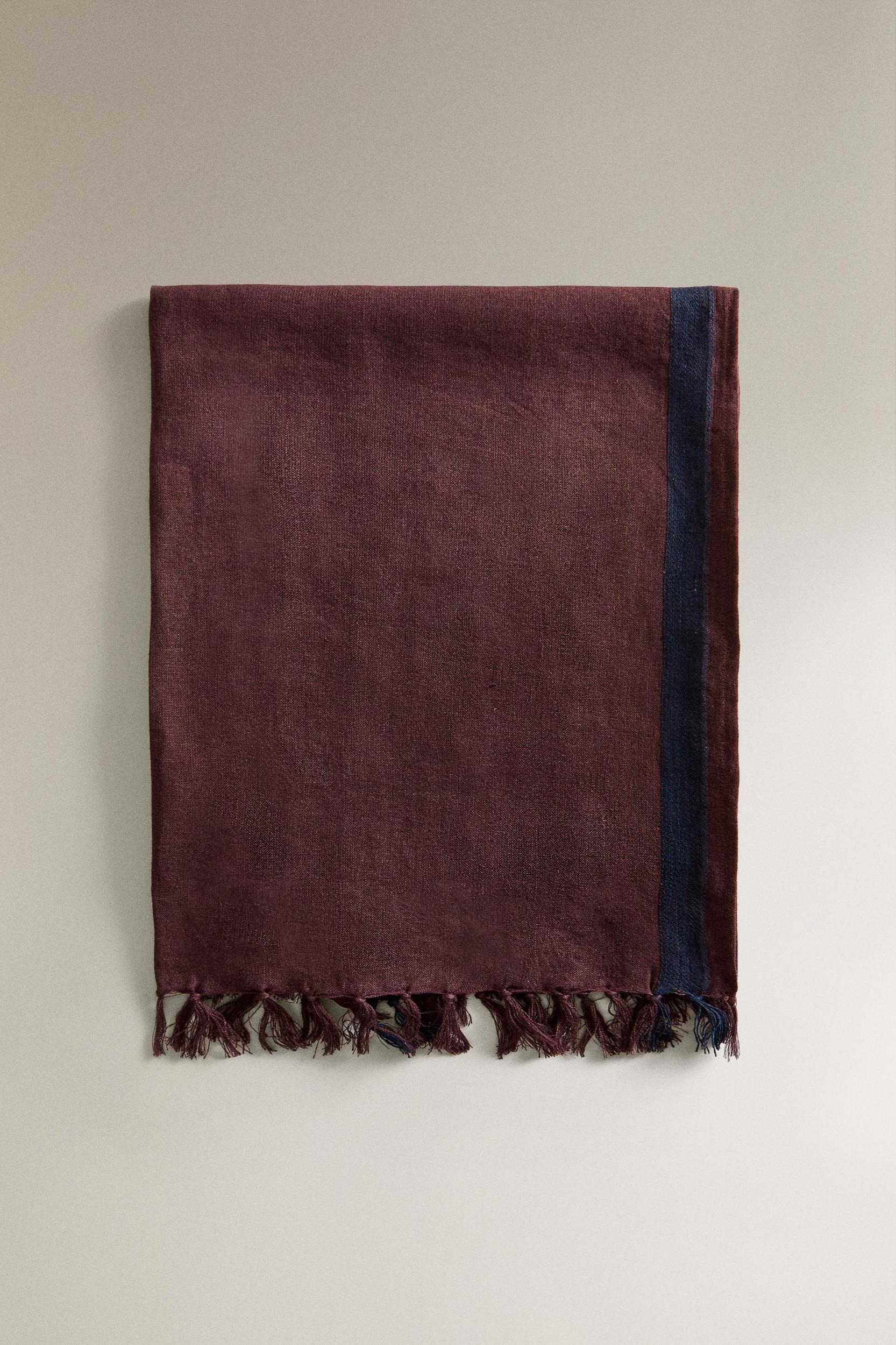 STRIPED LINEN BEACH WRAP TOWEL WITH FRINGING Product Image