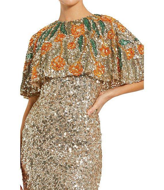 Mac Duggal Gold Embellished Mesh Crew Neck Beaded Floral Shawl Mermaid Gown Product Image