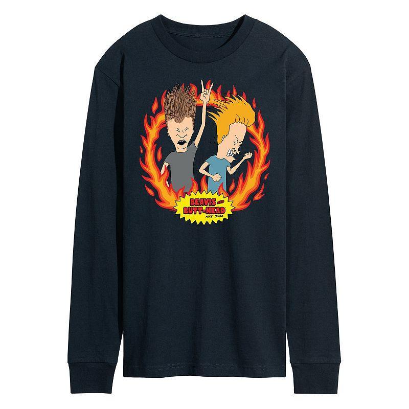 Men's Beavis And Butthead Rock Flames Long Sleeve Tee, Size: XL, Blue Product Image