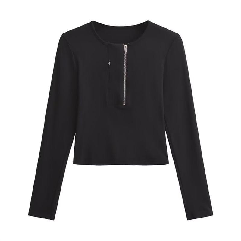 Long Sleeve Round Neck Plain Half Zip T-Shirt Product Image