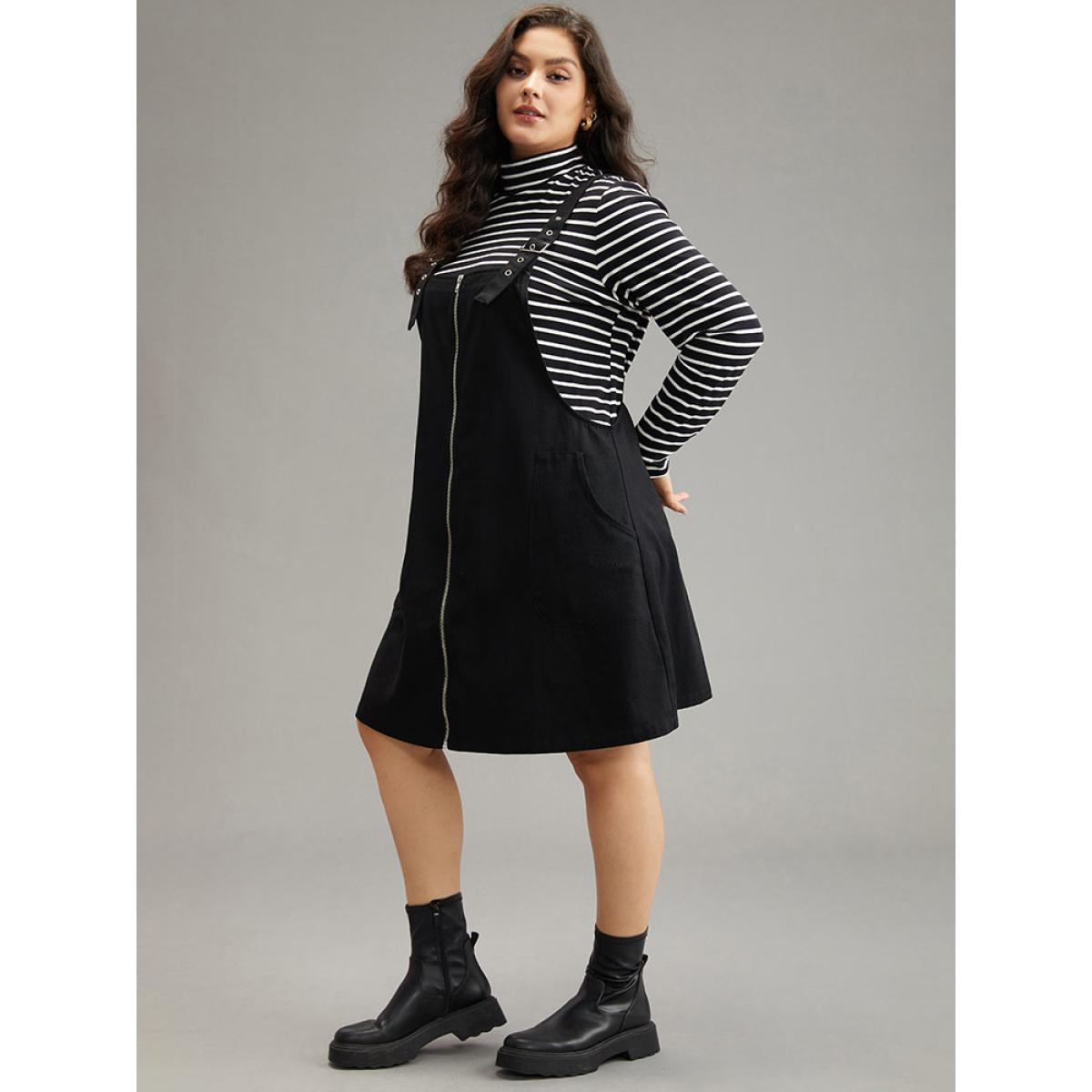 Plus Size Twill Zipper Adjustable Straps Dress Black Women Casual Adjustable Straps Spaghetti Strap Sleeveless Curvy Knee Dress BloomChic 10/M Product Image