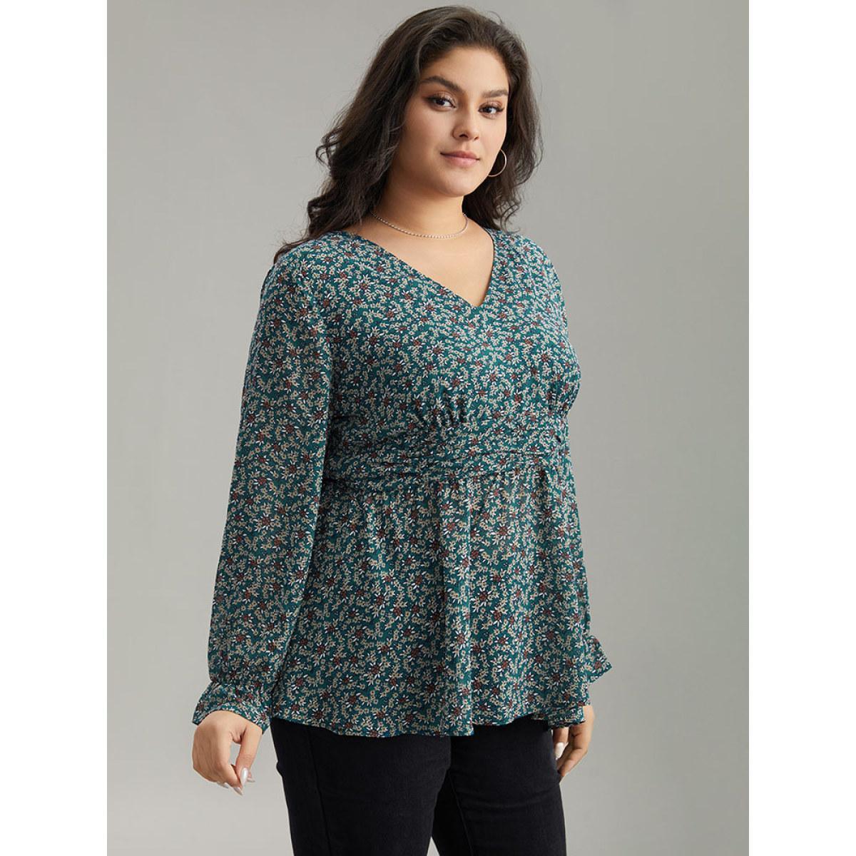Plus Size DarkGreen Chiffon Ditsy Floral Elastic Waist Ruffle Hem Blouse Women Elegant Long Sleeve V-neck Everyday Blouses BloomChic 28/5X Product Image
