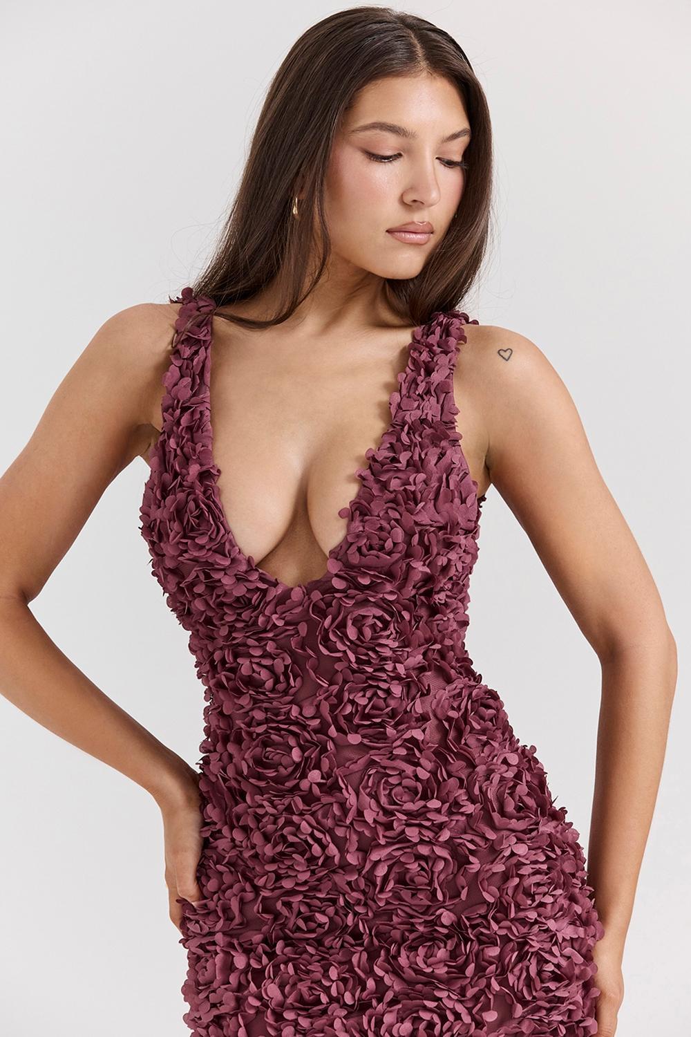 Carena  merlot plunge floral appliqué maxi dress Product Image