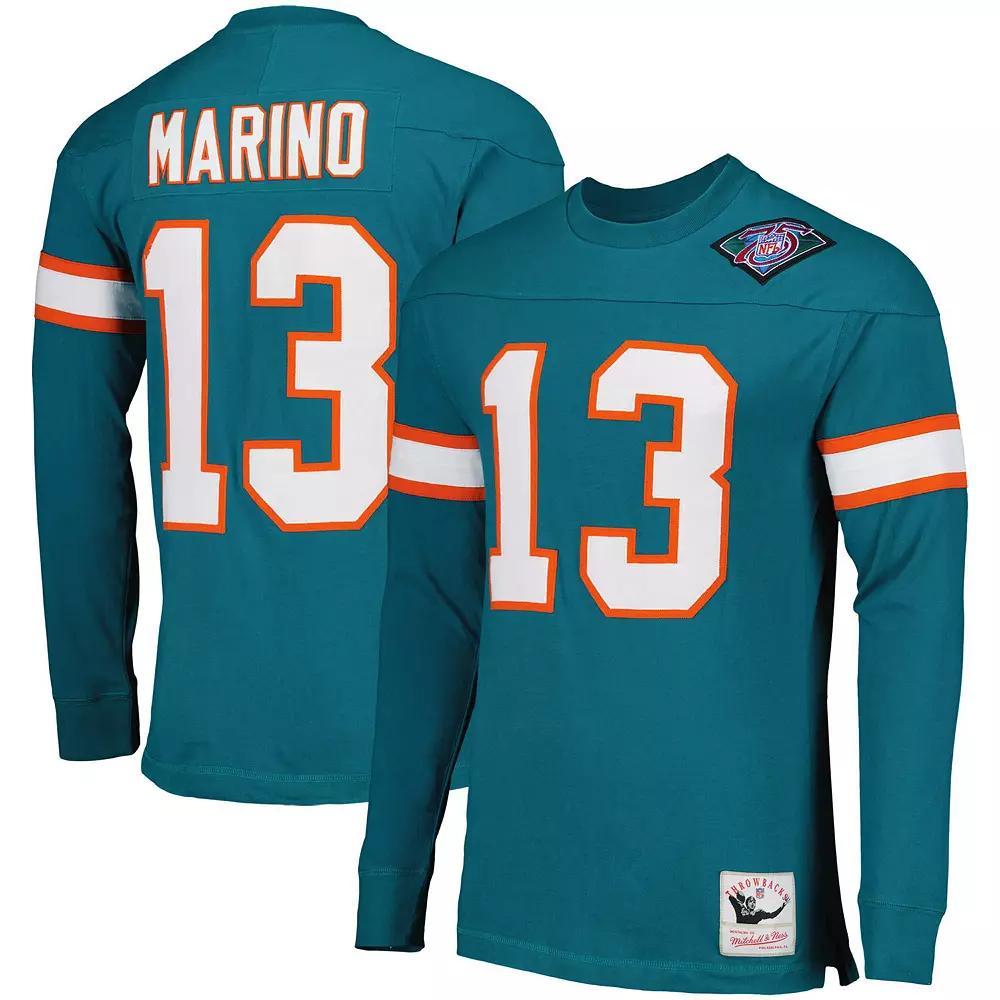 Men's Mitchell & Ness Dan Marino Aqua Miami Dolphins Throwback Retired Player Name & Number Long Sleeve Top,  Product Image