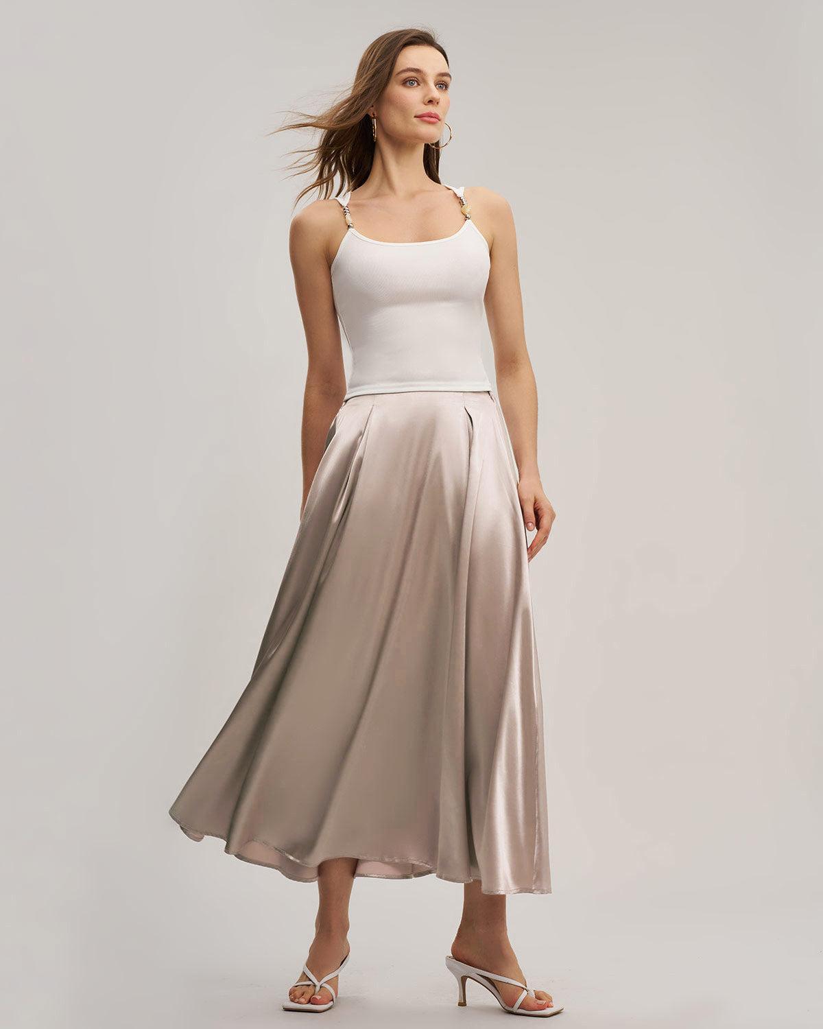 Pink Elastic Waist Flared Midi Skirt Product Image