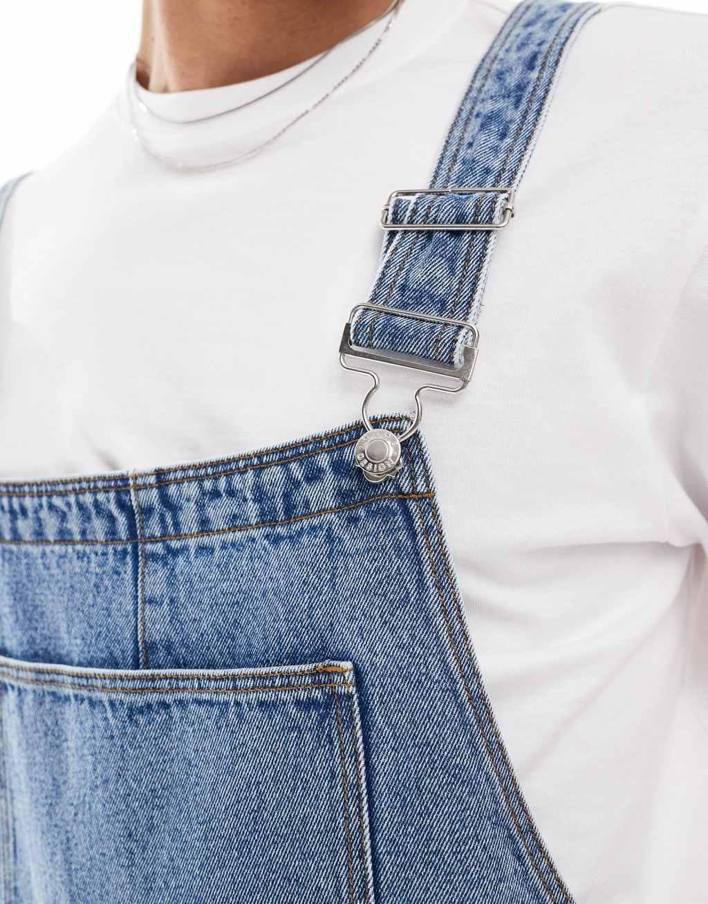 ASOS DESIGN short length denim overalls in mid wash blue Product Image