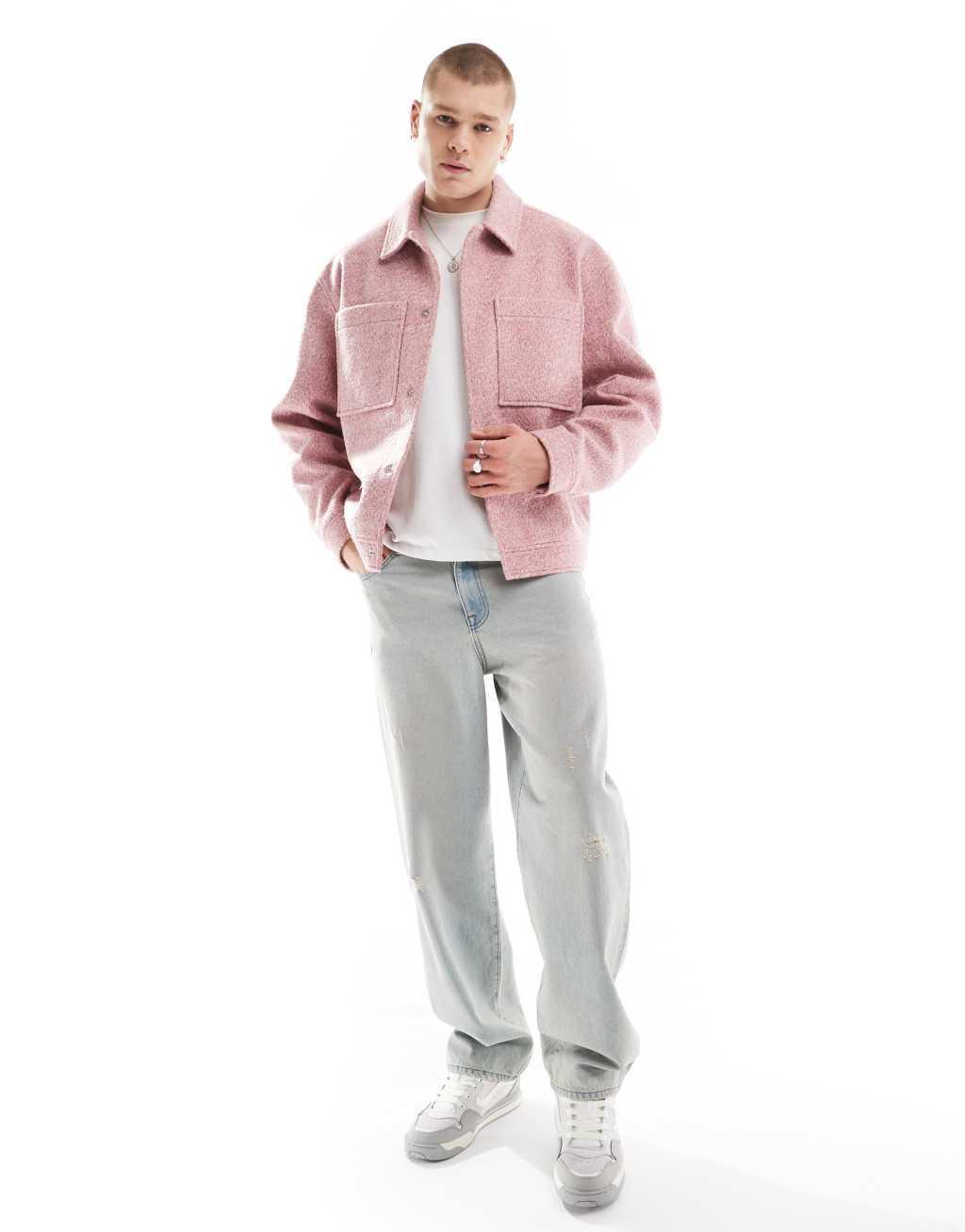 ASOS DESIGN wool mix harrington jacket in pink Product Image