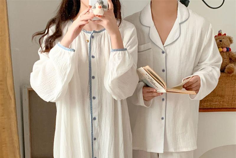 Couple Matching Contrast Trim Pajama Dress / Long-Sleeve Pajama Set Product Image