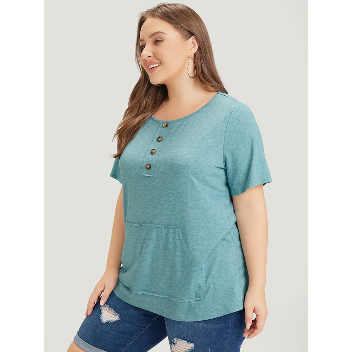 Plus Size Plain Heather Button Detail Patch Pocket T-shirt Cerulean Women Casual Heather Plain Round Neck Dailywear T-shirts BloomChic 22-24/3X Product Image