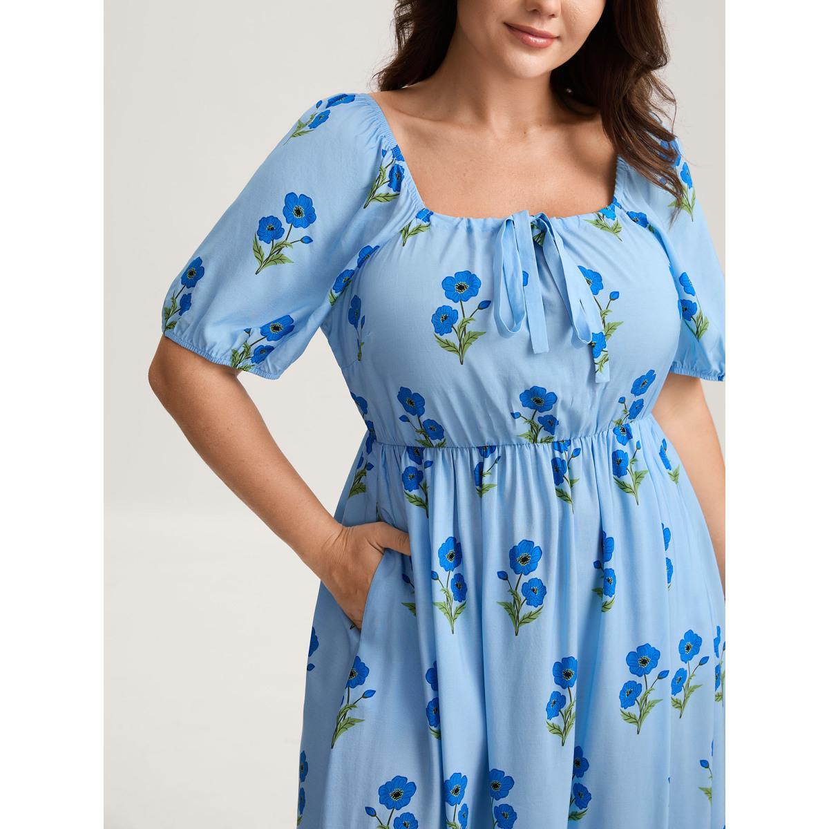 Plus Size Rayon Neck Tie Pockets Floral Midi Dress Skyblue Women Square Neck Short sleeve Curvy BloomChic 26/4X Product Image