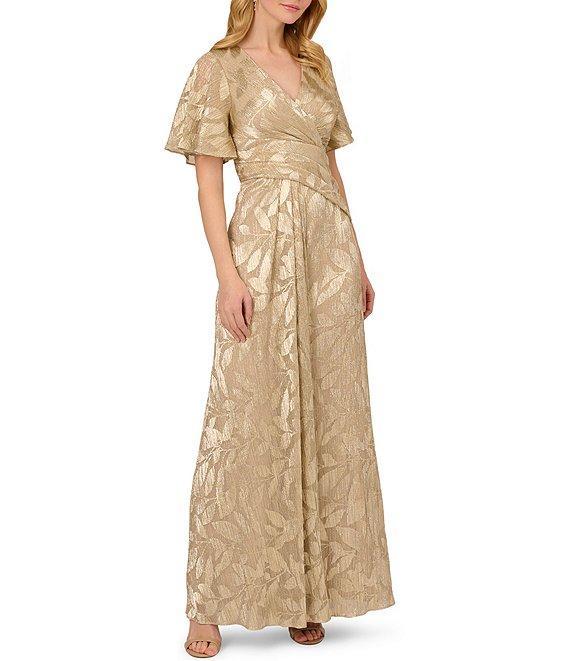 Adrianna Papell Foiled Leaf Print Surplice V-Neck Short Flutter Sleeve Gown Product Image