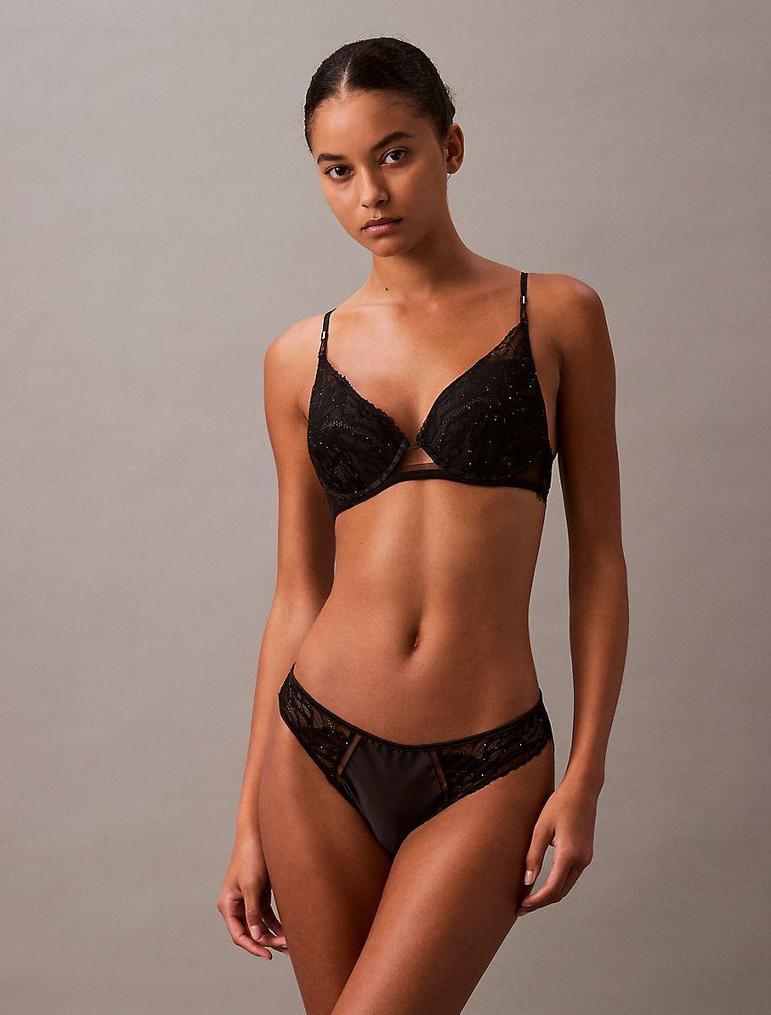 CK Black Floral Lace Push Up Plunge Bra Product Image