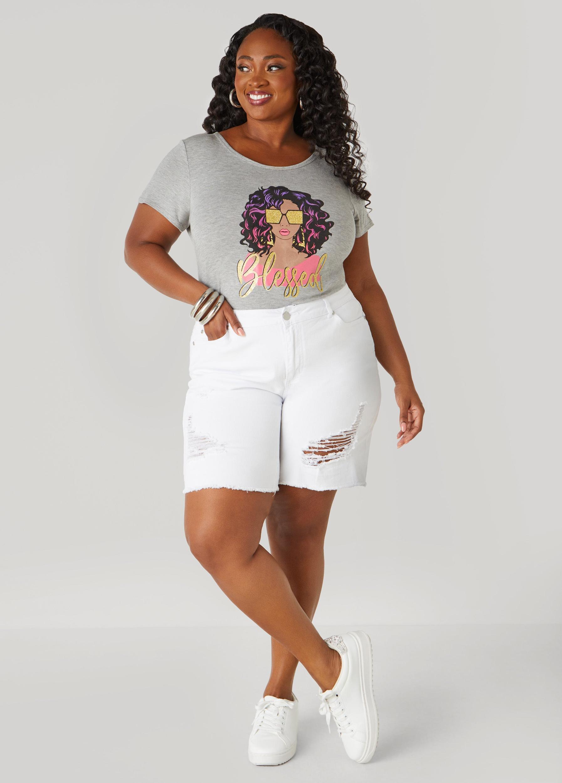 Plus Size High Rise Distressed Denim Shorts Ashley Stewart Product Image