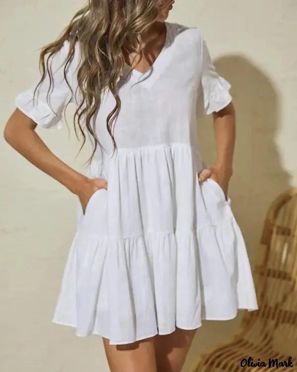 Olivia Mark – Plain V-Neck Ruffle Hem Casual Dress Product Image