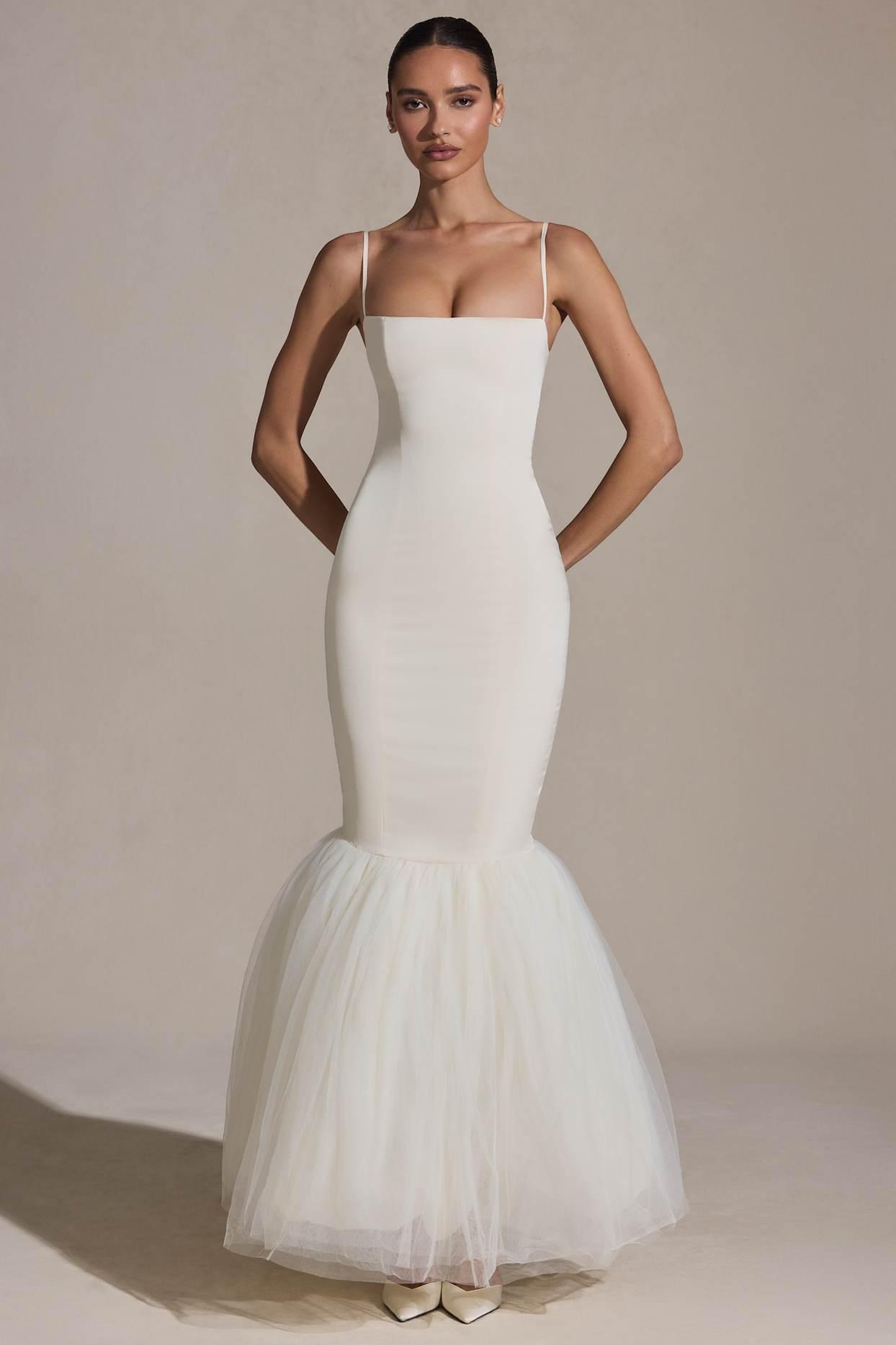 Tulle Hem Fishtail Gown in Ivory Product Image
