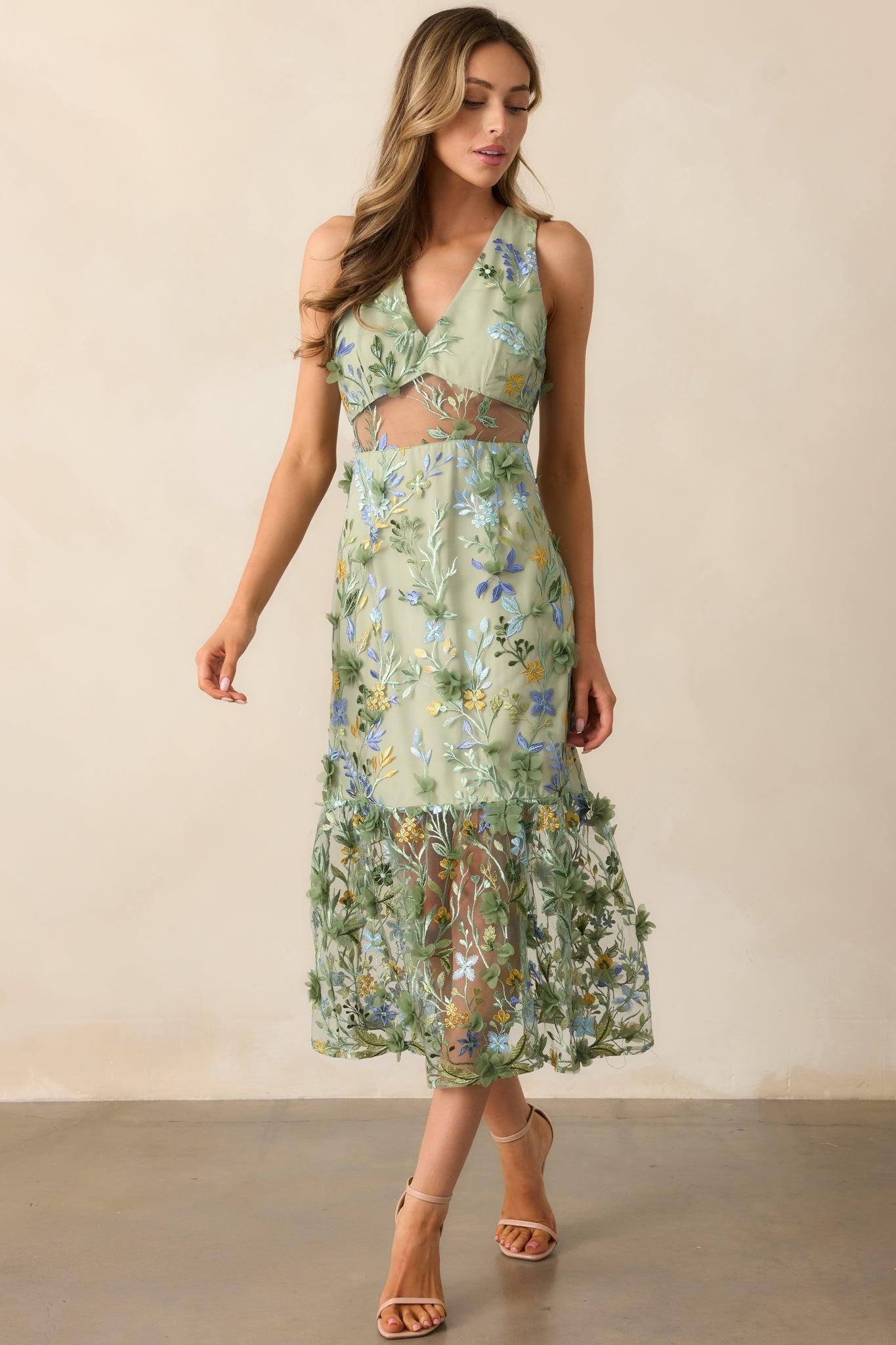 Back In Bloom Green Floral Embroidered Midi Dress Product Image