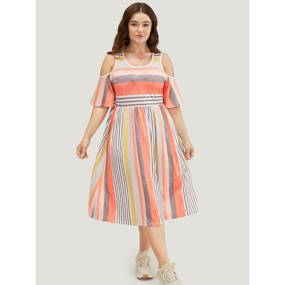 Plus Size Striped Contrast Pocket Cold Shoulder Ruffle Midi Dress Multicolor Women Casual Contrast Cold Shoulder Short sleeve Curvy Midi Dress BloomChic 10/M Product Image