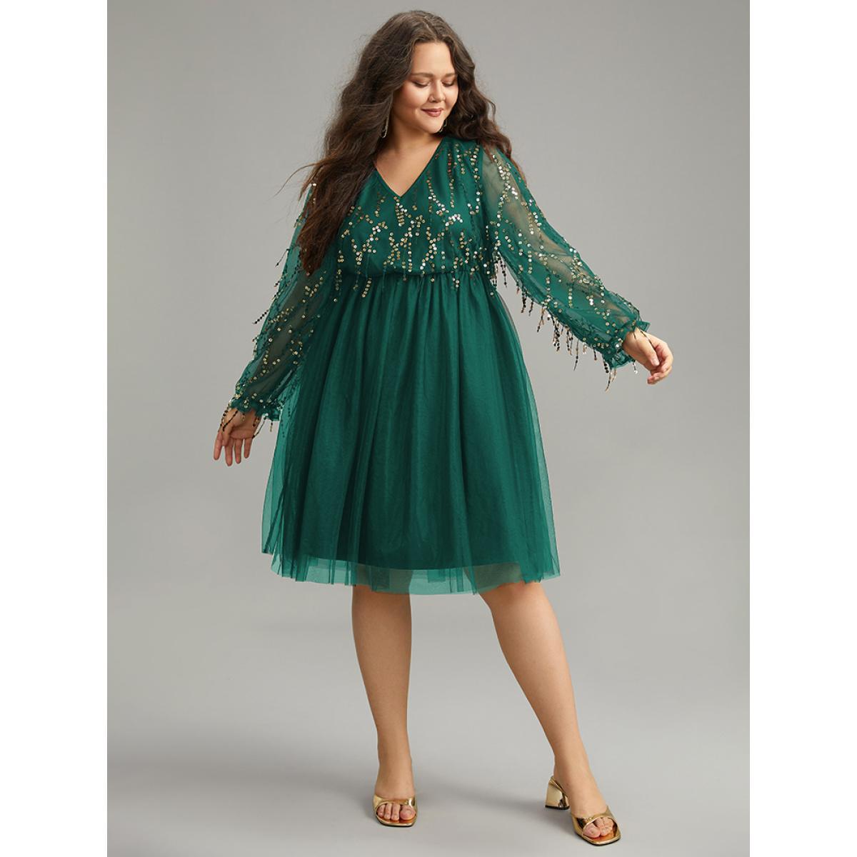 Plus Size Sequin Mesh Patchwork Tassel Dress Emerald Women Party&Cocktail Gathered Overlap Collar Long Sleeve Curvy Knee Dress BloomChic 14-16/1X Product Image