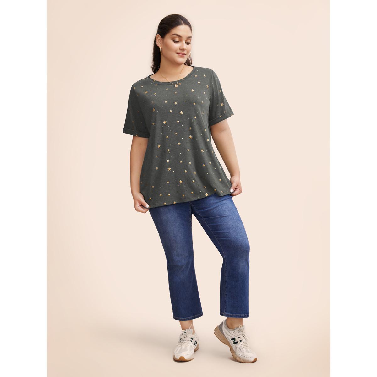 Plus Size Star Glitter Cuffed Sleeve Crew Neck T-shirt DimGray Women Casual Heather Moon and Star Round Neck Dailywear T-shirts BloomChic 14-16/1X Product Image