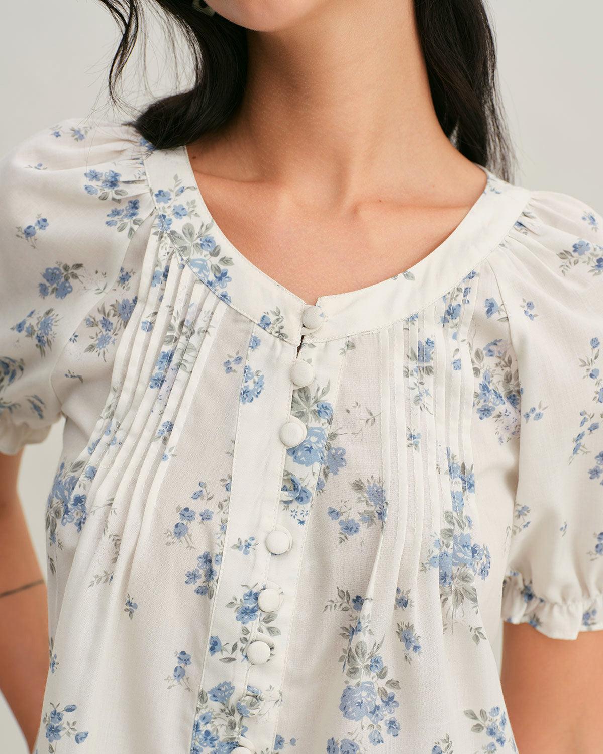 Blue Floral V Neck Button Blouse Product Image