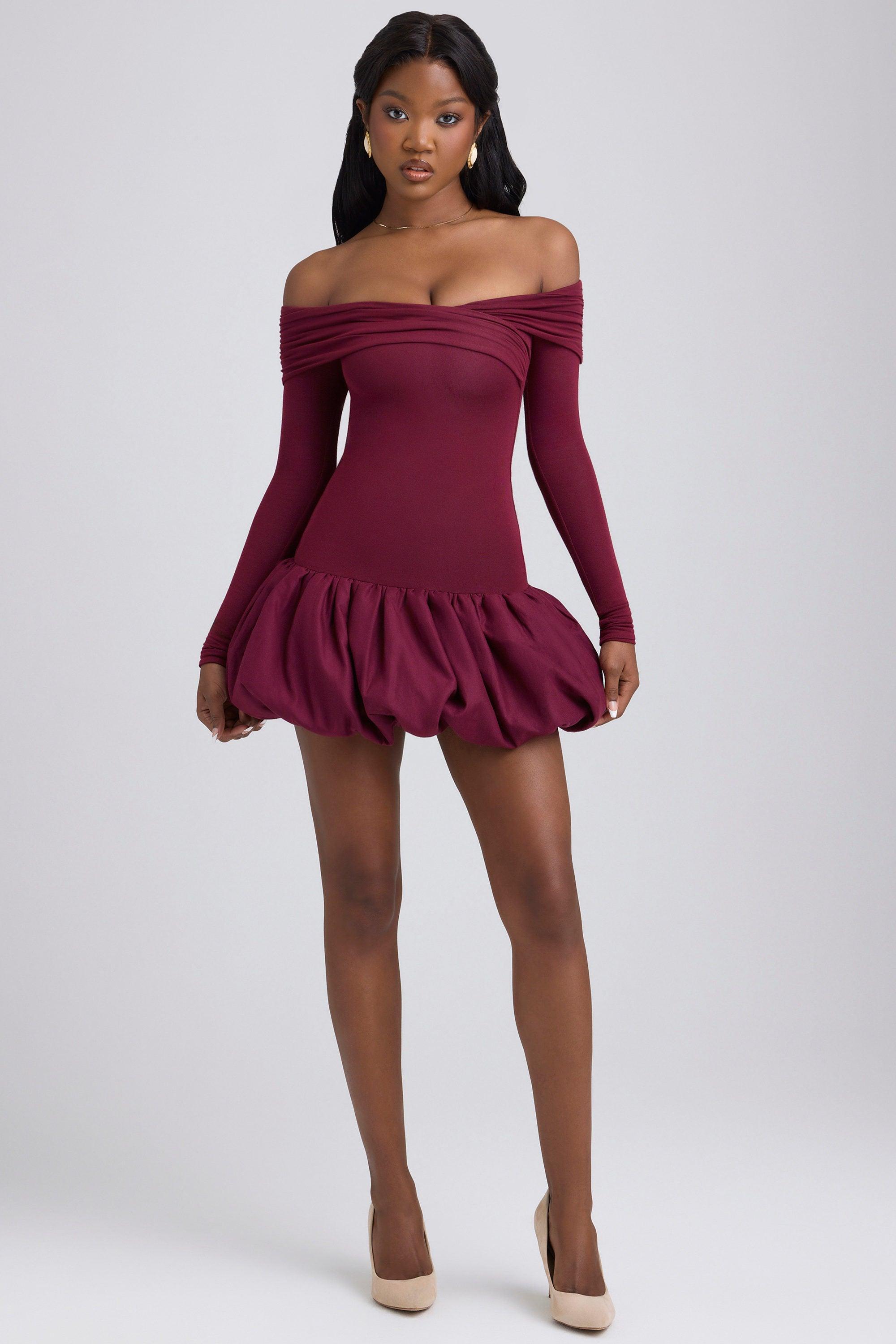 Modal Off-Shoulder Bubble Hem Mini Dress in Wine Red Product Image