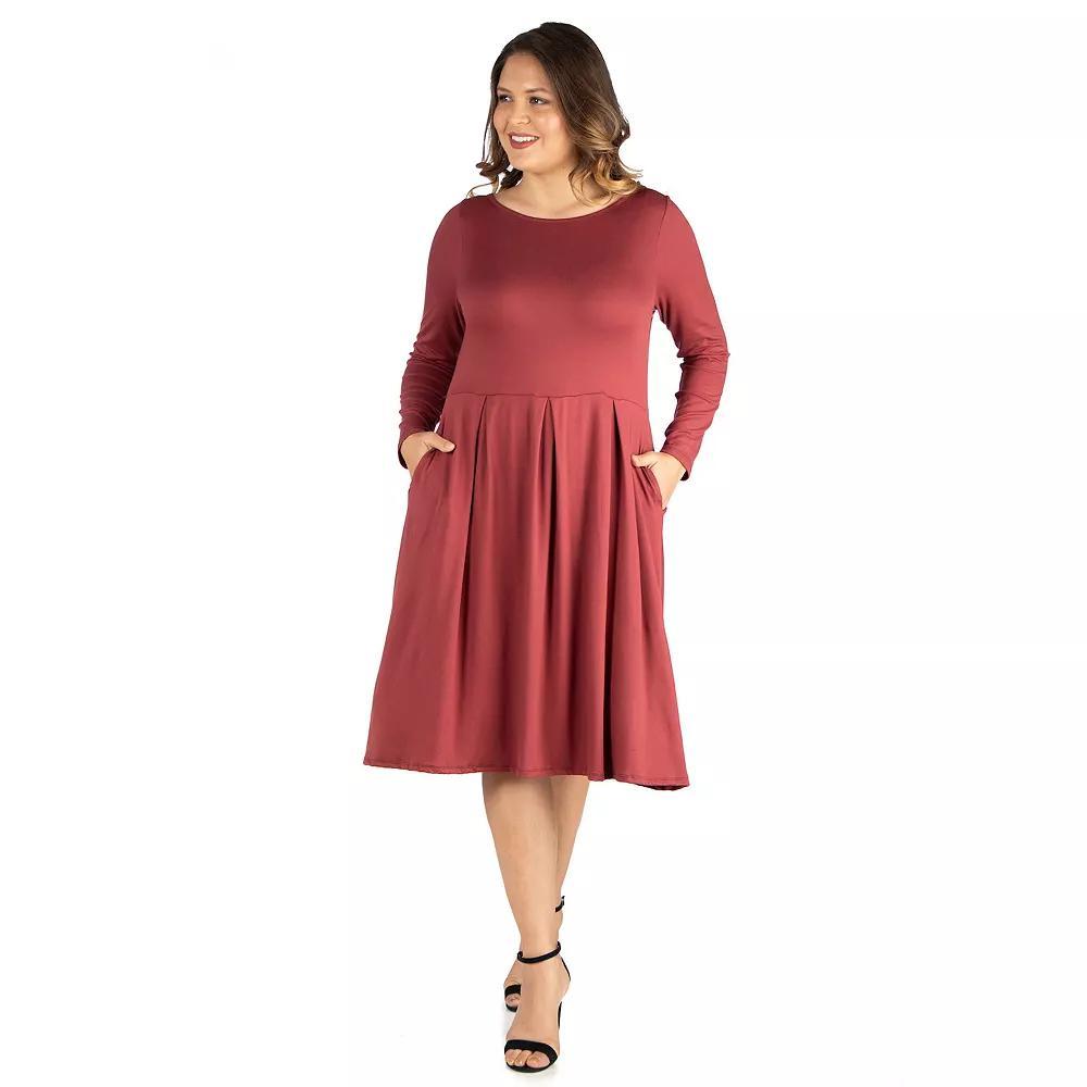 Plus Size 24seven Comfort Apparel Long Sleeve Fit and Flare Midi Dress, Women's, Size: 3XL, Brown Product Image