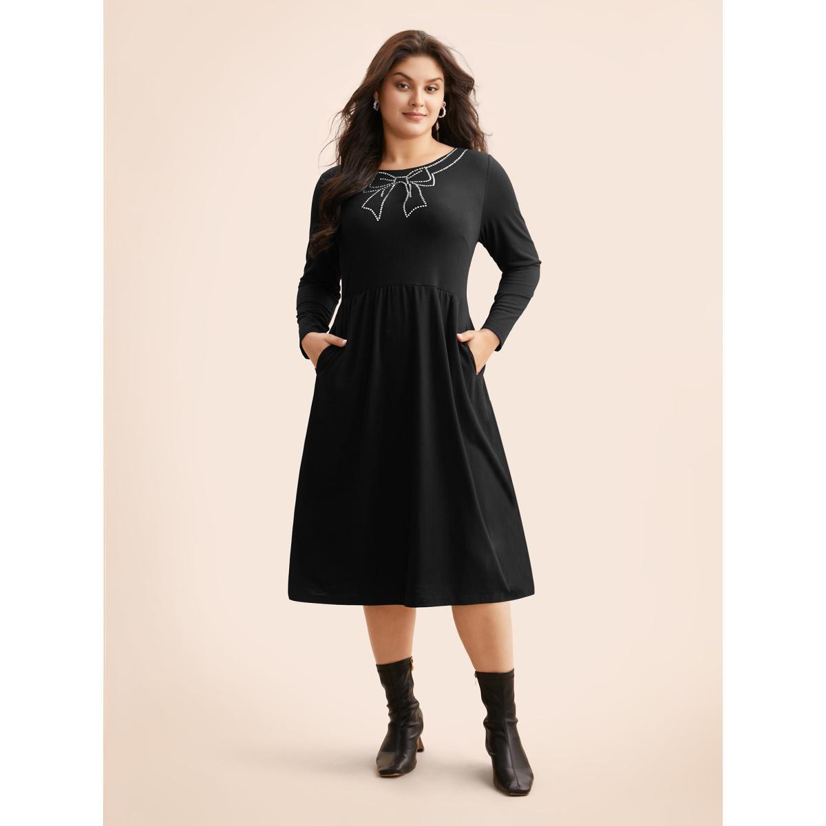 Plus Size Round Neck Bowknot Rhinestone Dress Black Women Playful Rhinestone detailing Round Neck Long Sleeve Curvy BloomChic 30/6X Product Image