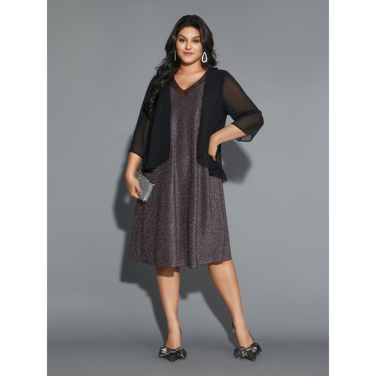 Plus Size 2-In-1 Sequin Patchwork Mesh Dress Black Women Cocktail Texture Party Curvy Bloomchic 14-16/1X Product Image