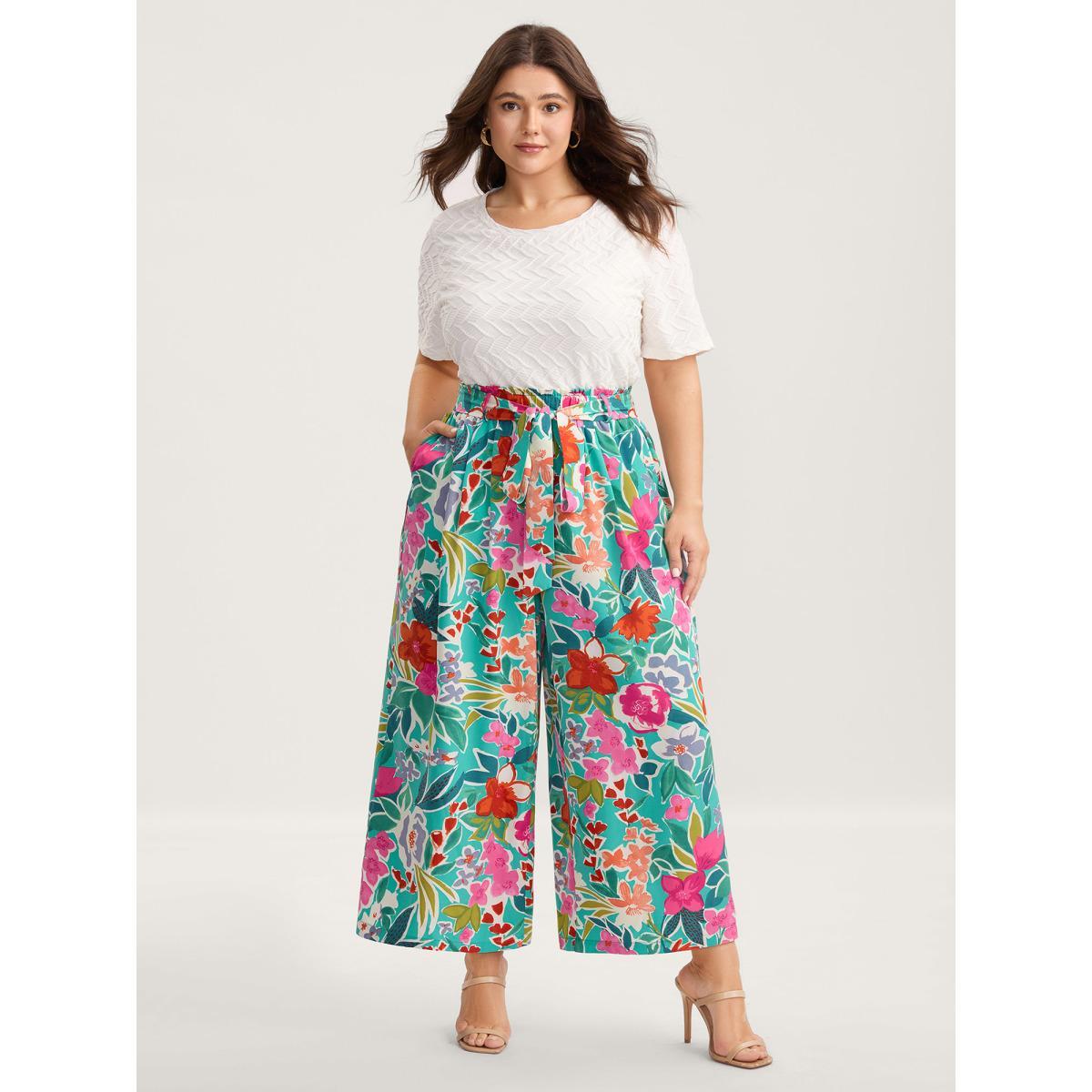 Plus Size Groovy Floral Print Wide-Leg Pants Women Multicolor Elegant Wide Leg Mid Rise Everyday-Elegant Pants BloomChic 22-24/3X Product Image
