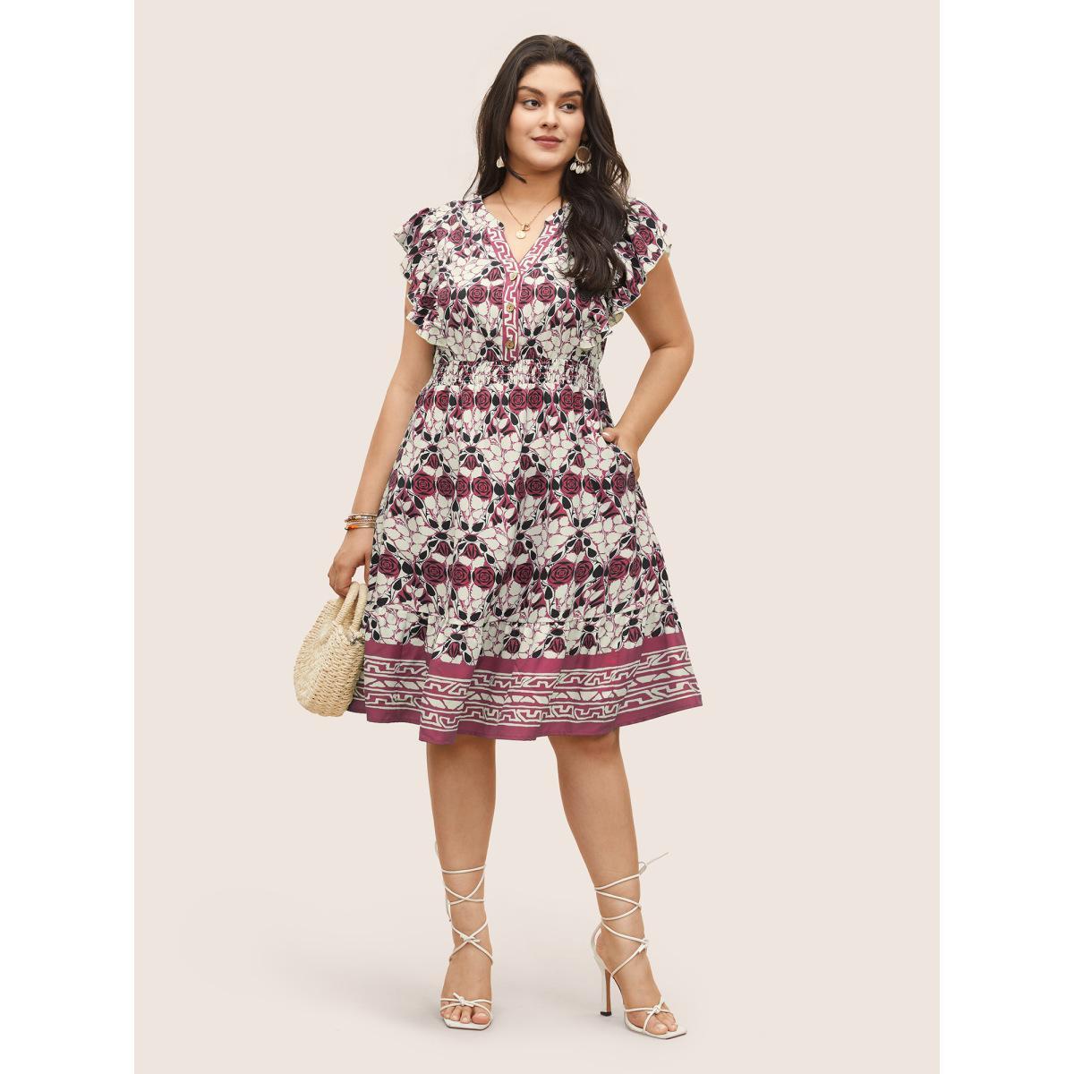 Plus Size Boho Print Ruffles Shirred Pocket Elastic Waist Dress Russet Women Boho Non Notched collar Cap Sleeve Curvy Midi Dress BloomChic 12/L Product Image