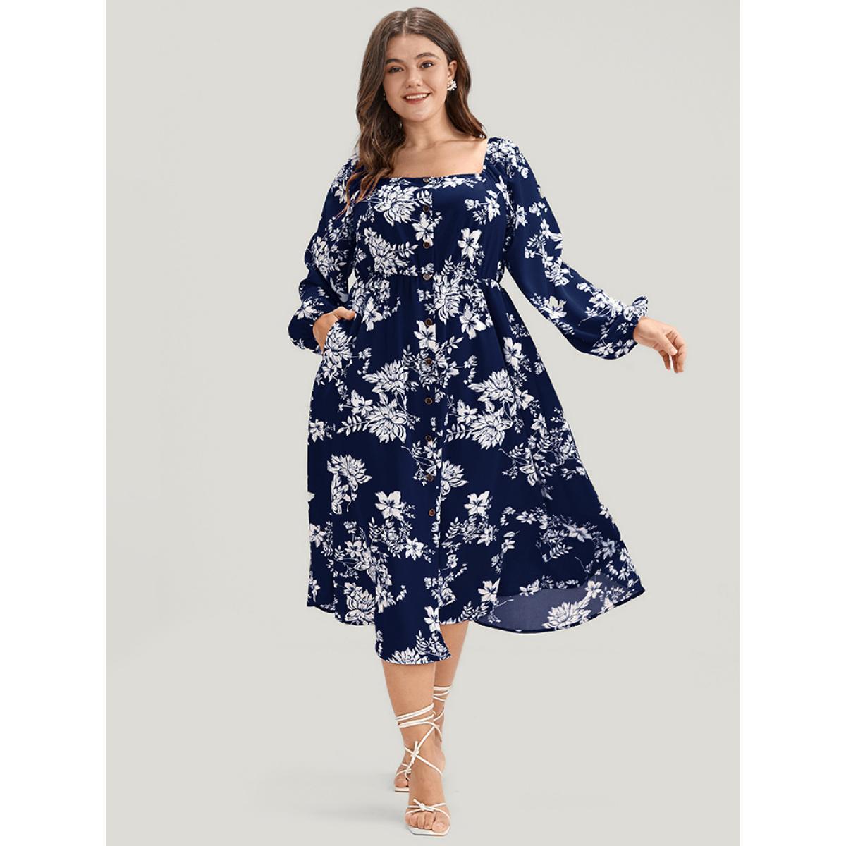 Plus Size Floral Square Neck Lantern Sleeve Pocket Button Detail Dress DarkBlue Women Dating Printed Square Neck Long Sleeve Curvy Midi Dress BloomChic 14-16/1X Product Image