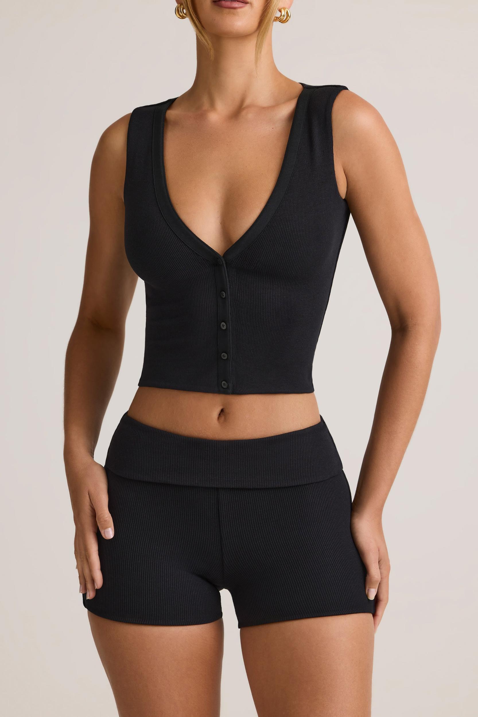 Modal Ribbed Button-Up Vest Top in Black Product Image
