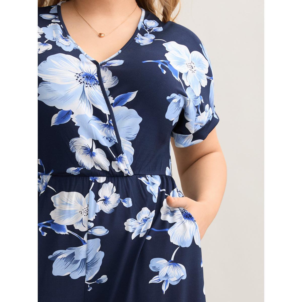 Plus Size DarkBlue Floral Print Knit Surplice Neck Jumpsuit Women Elegant Short sleeve Overlap Collar Everyday-Elegant Loose Jumpsuits BloomChic 22-24/3X Product Image