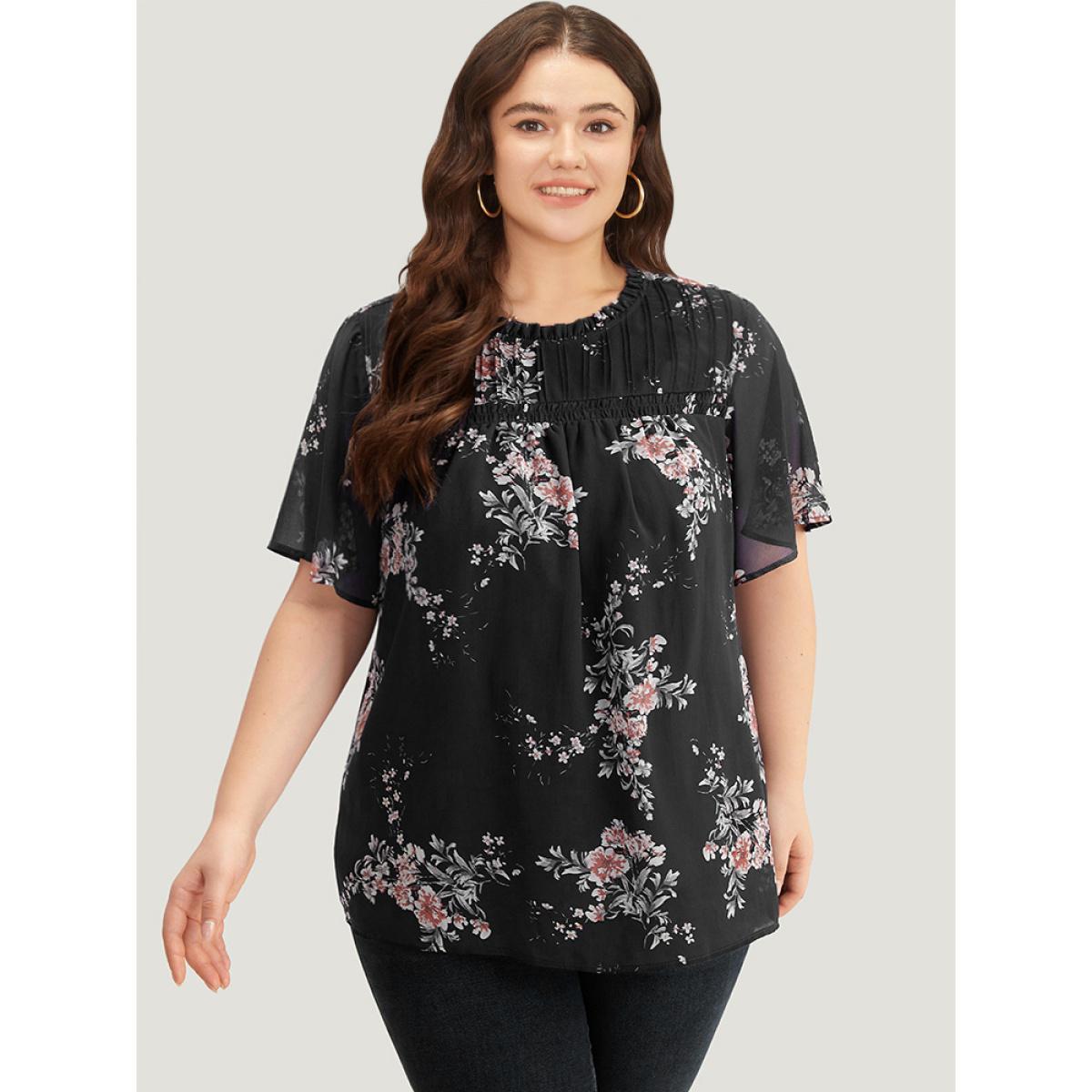 Plus Size Black Floral Print Frill Trim Shirred Flutter Sleeve Blouse Women Elegant Short sleeve Round Neck Dailywear Blouses BloomChic 28/5X Product Image