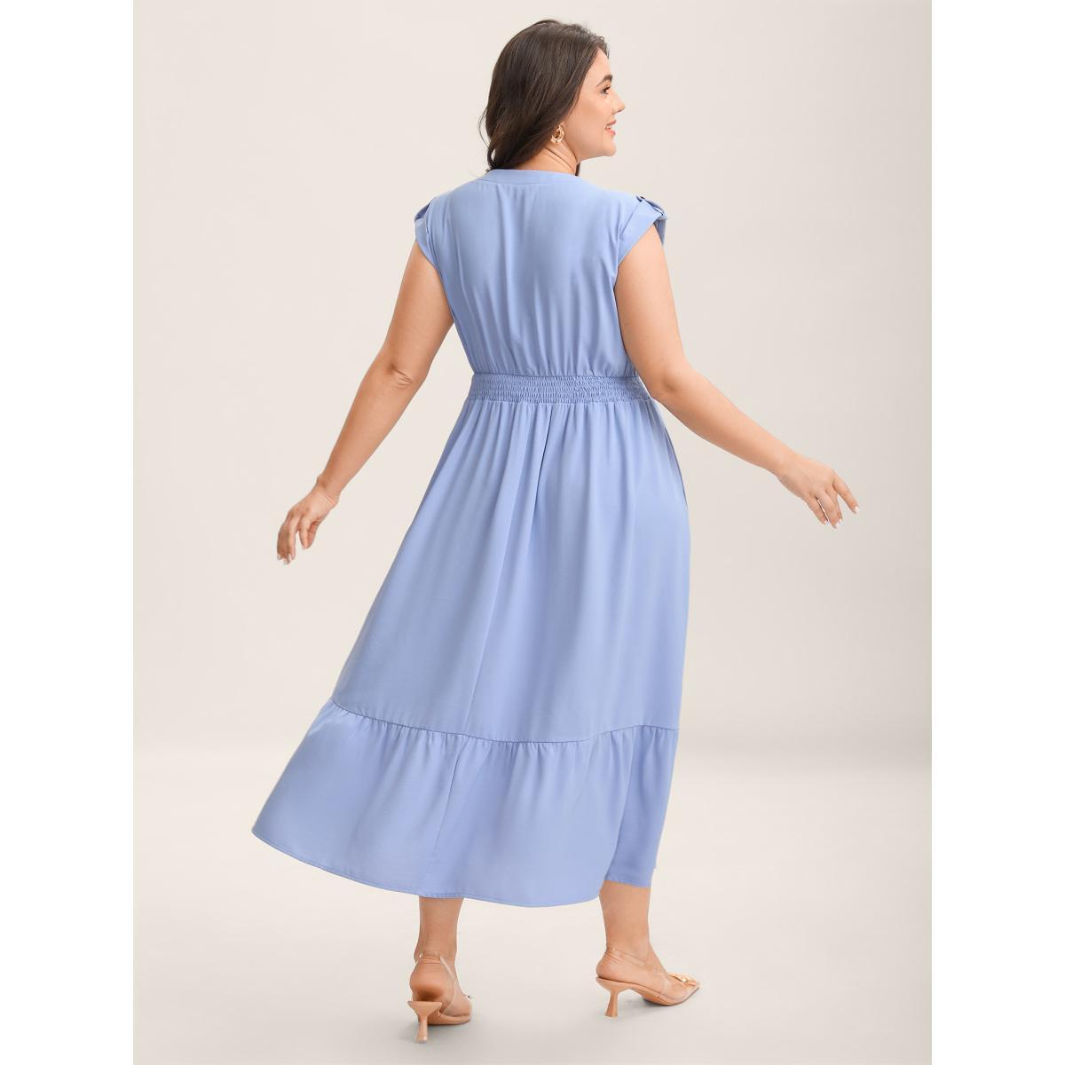 Plus Size Shirred Waist Button Detail Pockets Midi Dress LightBlue Women Notched collar Cap Sleeve Curvy BloomChic 26/4X Product Image