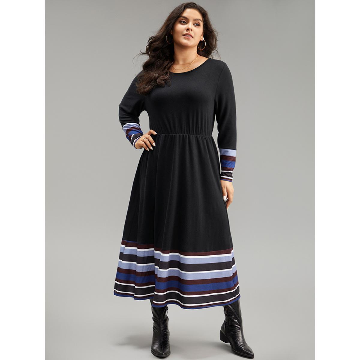 Plus Size Striped Patchwork Contrast Crew Neck Dress Black Women Casual Contrast Round Neck Long Sleeve Curvy Midi Dress BloomChic 14-16/1X Product Image