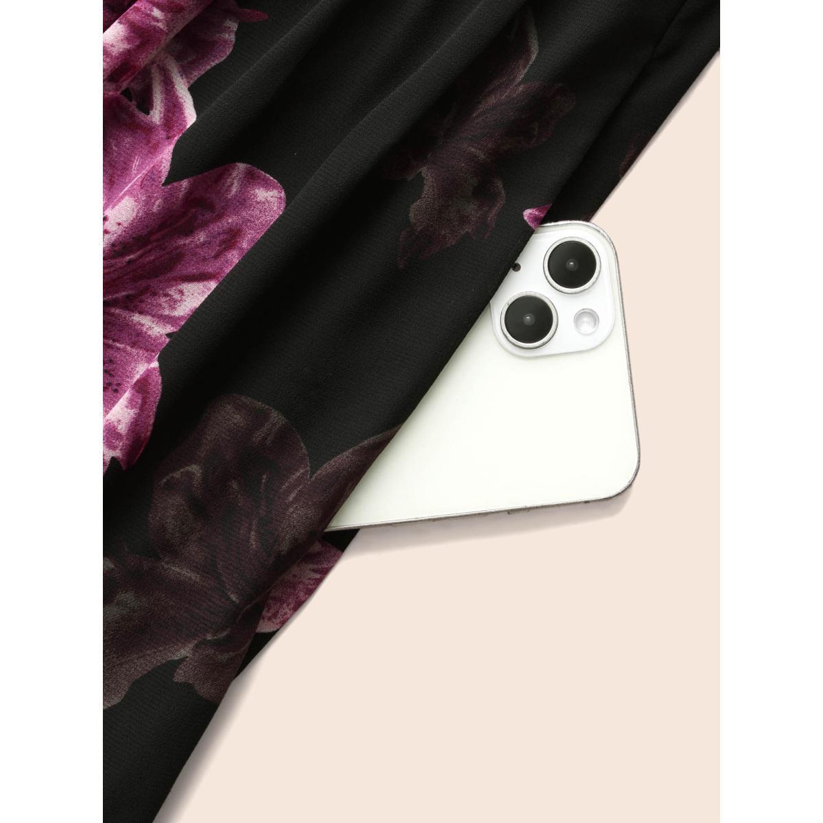 Plus Size Floral Patchwork Ruffle Hem Mesh Dress BlackFlower Women Elegant See through Square Neck Elbow-length sleeve Curvy BloomChic 22-24/3X Product Image