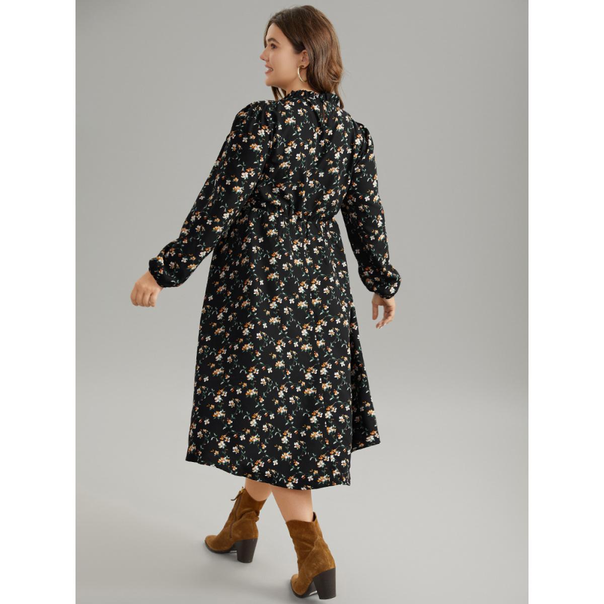 Plus Size Ditsy Floral Frill Trim Shirred Dress Black Women Elegant Elastic cuffs Mock Neck Long Sleeve Curvy Midi Dress BloomChic 18-20/2X Product Image