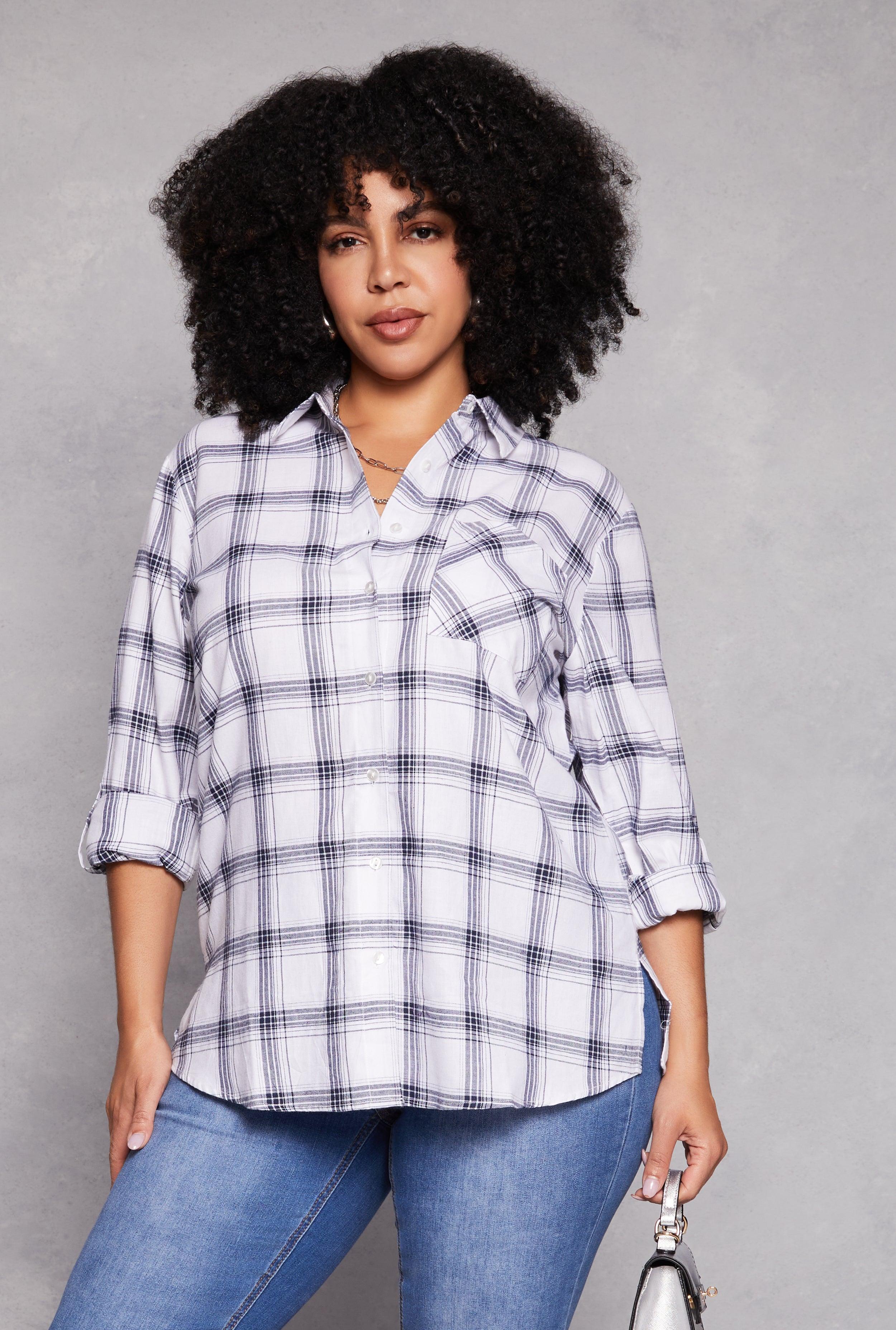 Womens Plus Size Lurex Plaid Tabbed Sleeve Shirt Product Image