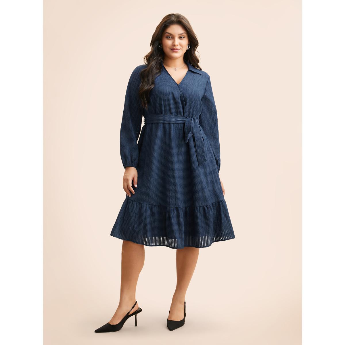 Plus Size Overlap Collar Plain Textured Midi Dress DarkBlue Women Elegant Texture Overlap Collar Long Sleeve Curvy BloomChic 30/6X Product Image