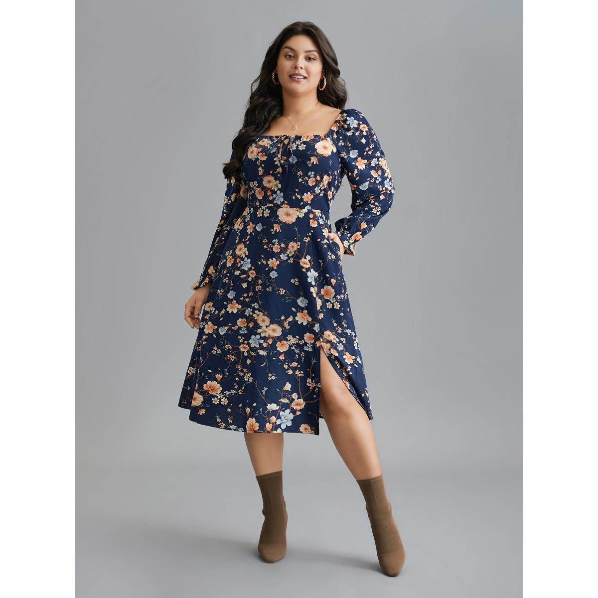 Plus Size Floral Knot Neck Split Hem Dress Indigo Women Elegant Tie knot Square Neck Long Sleeve Curvy BloomChic 30/6X Product Image