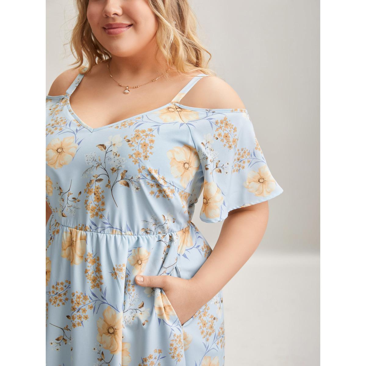 Plus Size Floral Print Cold-Shoulder Pockets Midi Dress LightBlue Women Elegant Non Heart neckline Short sleeve Curvy BloomChic 12/L Product Image