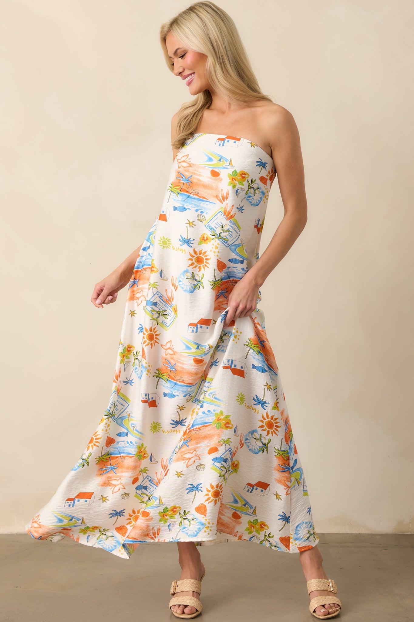 Try To Change It Up Orange Tropical Print Strapless Maxi Dress Product Image