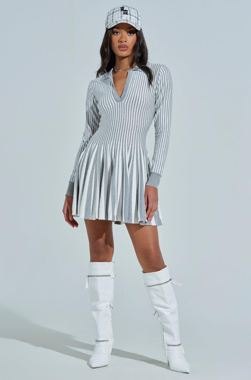 ALINA PLEATED KNIT FIT AND FLARE MINI DRESS WITH LONG SLEEVES Product Image