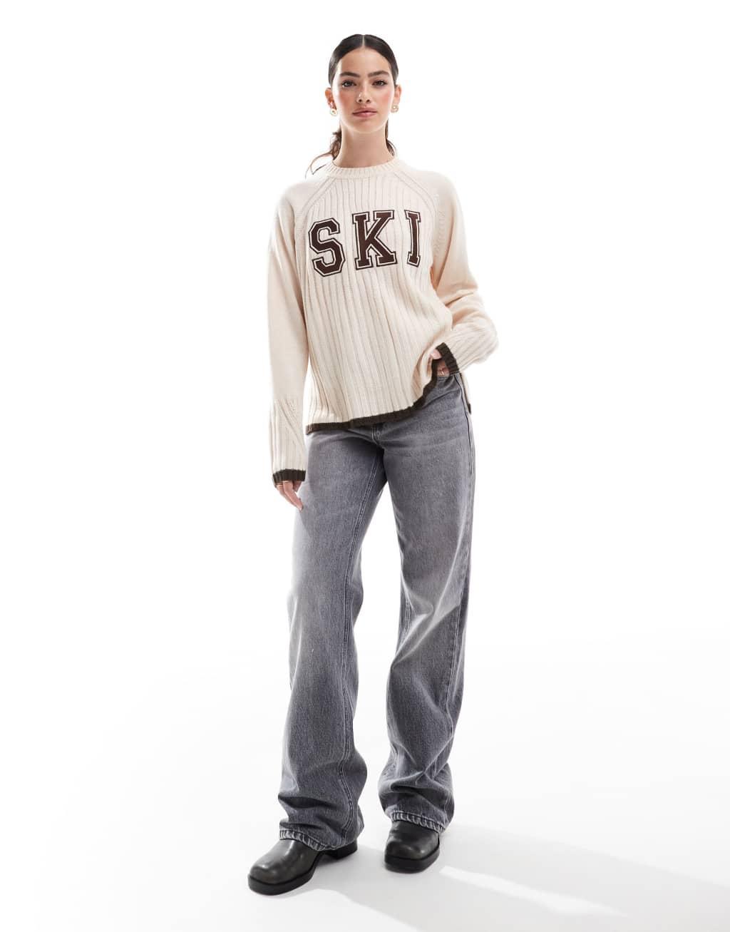 Threadbare Ski design knitted sweater in ecru and brown Product Image